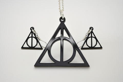 Harry Potter Deathly Hallows Laser Cut Acrylic Necklace and Earrings Set - On Sale