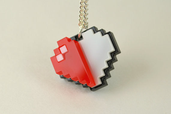 Half Pixel Heart Necklace - Laser Cut Acrylic - Legend of Zelda Health Heart Necklace