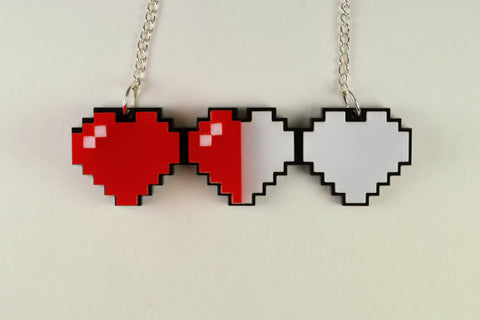 Health Bar Three Pixel Hearts Necklace - Laser Cut Acrylic - Legend of Zelda Health Hearts Necklace