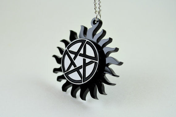 Supernatural Necklace - TV Pentagram Charm - Laser Engraved Acrylic Medallion - Laser Cut