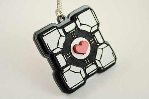 Portal Companion Cube Necklace - Black and White - Laser Engraved Acrylic