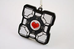 Portal Companion Cube Necklace - Black and White - Laser Engraved Acrylic