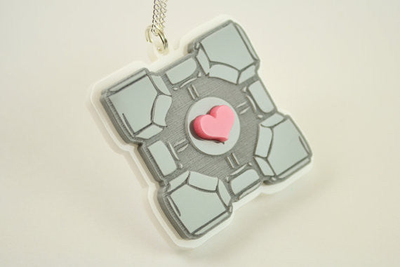 Portal Companion Cube Necklace - Grey - Laser Engraved Acrylic