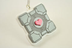 Portal Companion Cube Necklace - Black and White - Laser Engraved Acrylic